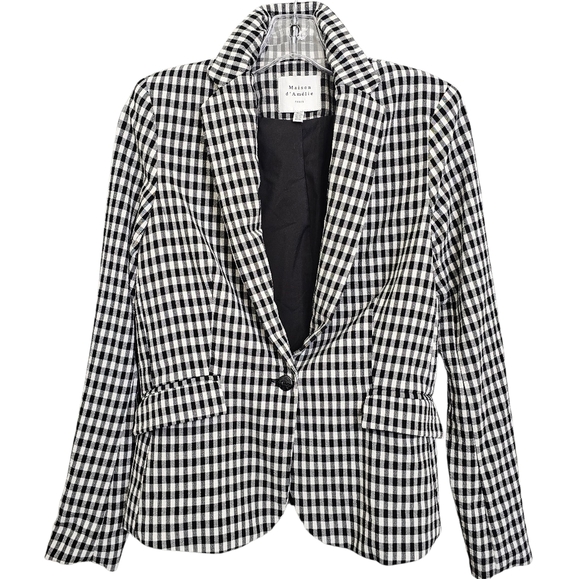 Nwot Maison d'Amelie Black /White Gingham Seersucker Longsleeve Collared Blazer - Picture 1 of 17